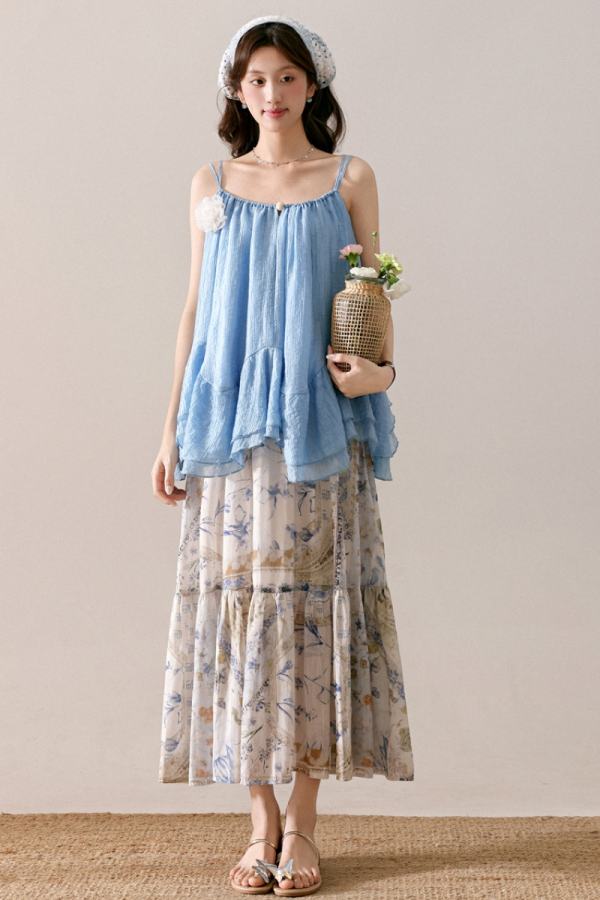 Coral Holiday Irregular Top Print Skirt Mori Kei Clothing