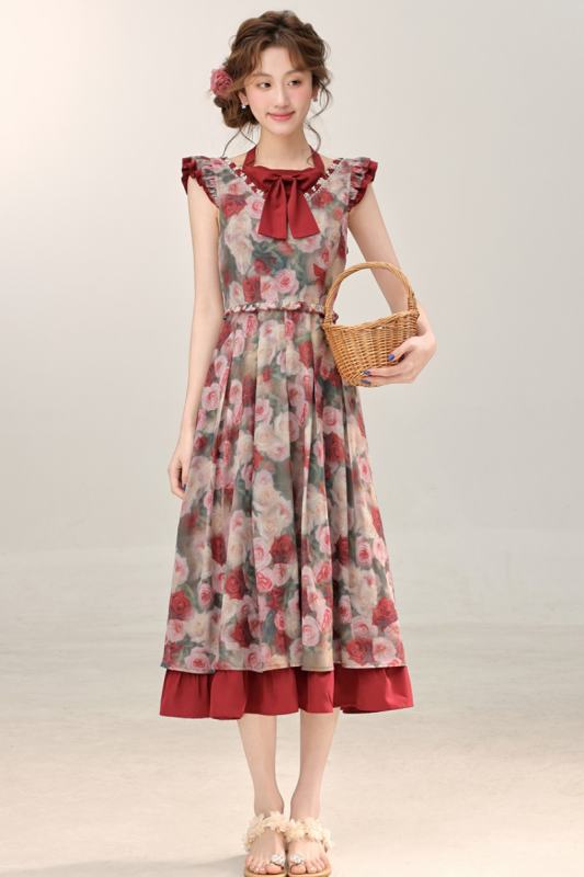 Rose Poetry French Print Red Dress Mori Kei Style