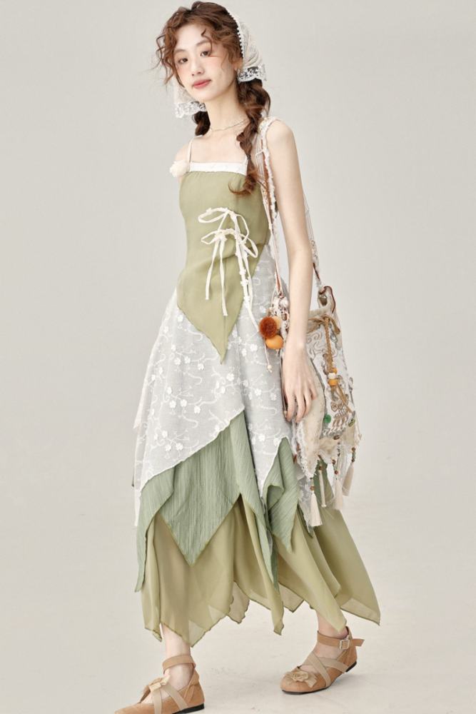 Wind Willow Irregular Sleeveless Green Dress Mori Kei Fashion