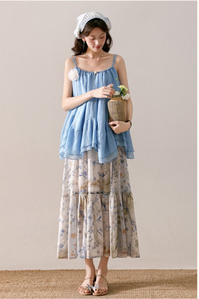 Coral Holiday Irregular Top Print Skirt Mori Kei Clothing
