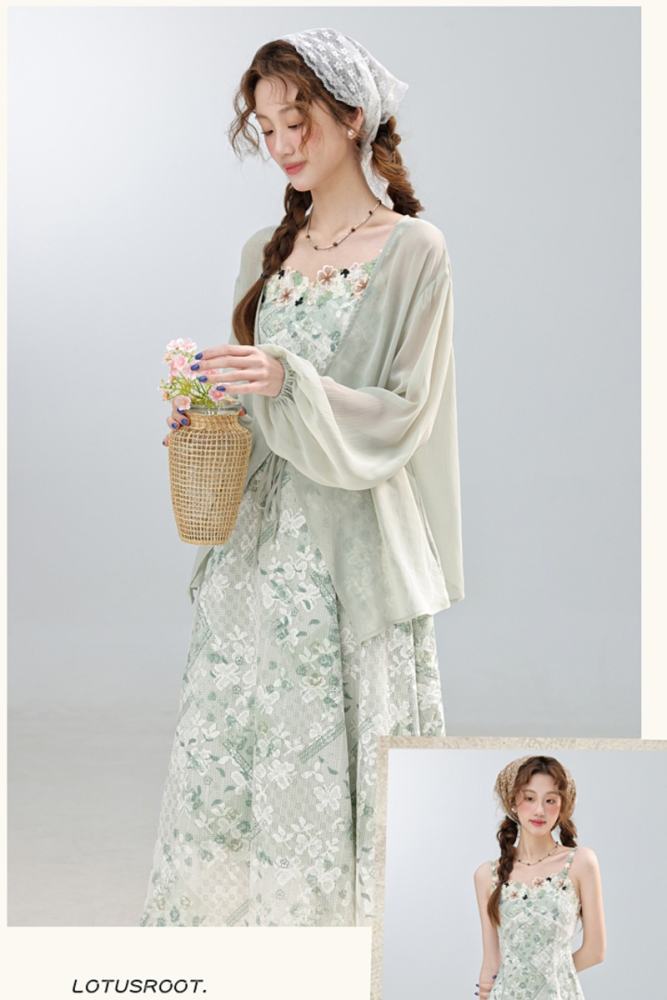 Dynamic Lime Flowers Mesh Green Dress Mori Kei Outfits