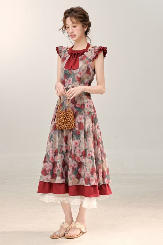Rose Poetry French Print Red Dress Mori Kei Style