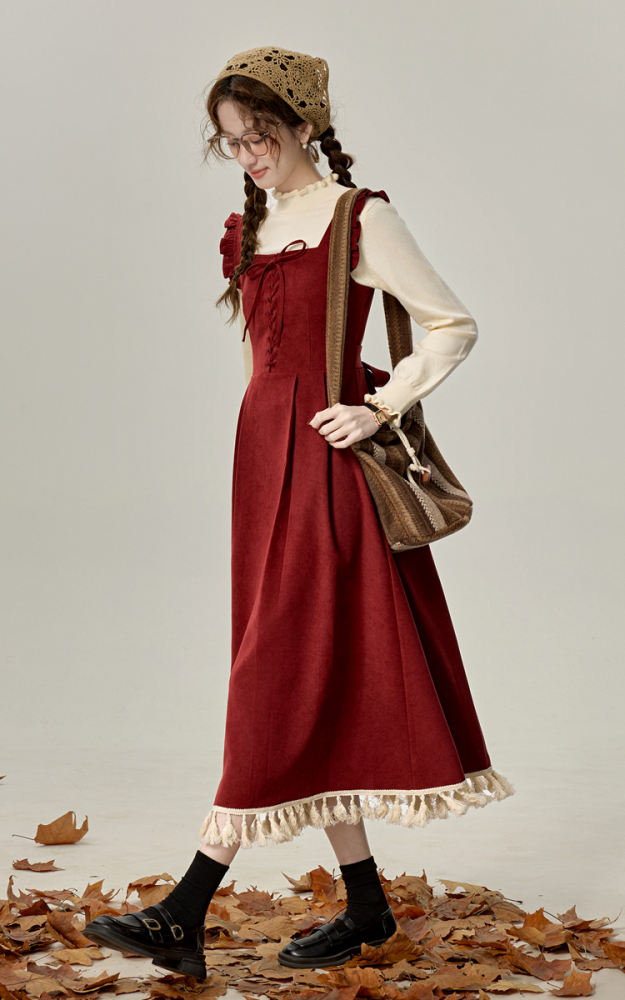 Red Wine Lamp French Sleeveless Dress Mori Kei Clothes
