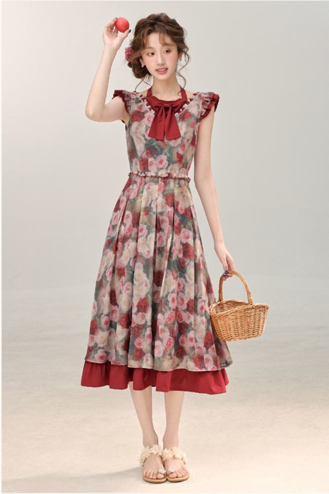 Rose Poetry French Print Red Dress Mori Kei Style