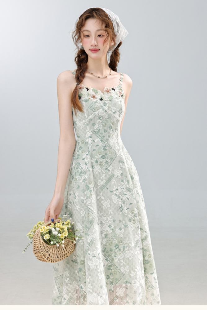 Dynamic Lime Flowers Mesh Green Dress Mori Kei Outfits