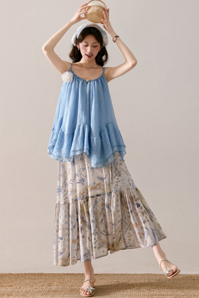 Coral Holiday Irregular Top Print Skirt Mori Kei Clothing