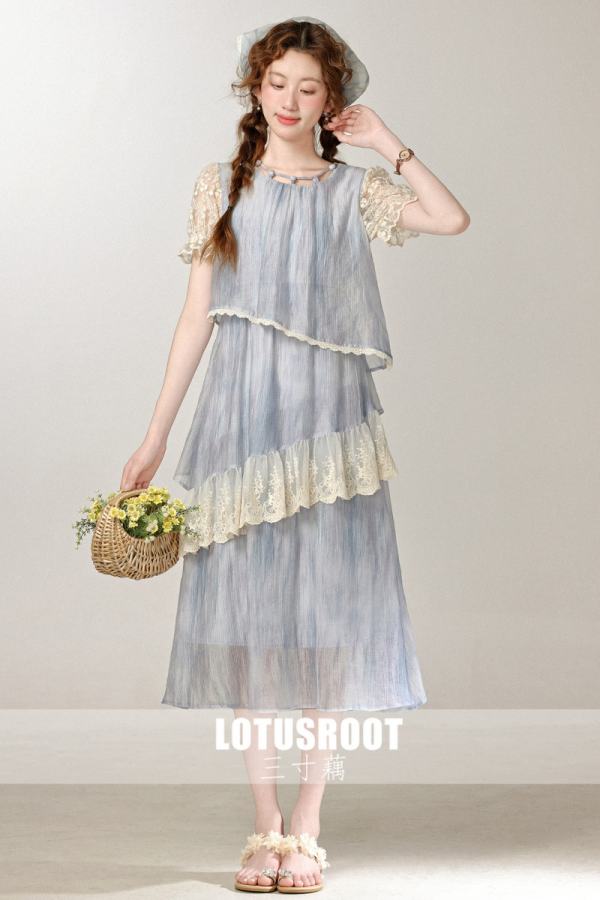 Sea Dream Vacation Halo Dying Blue Dress Mori Kei Style