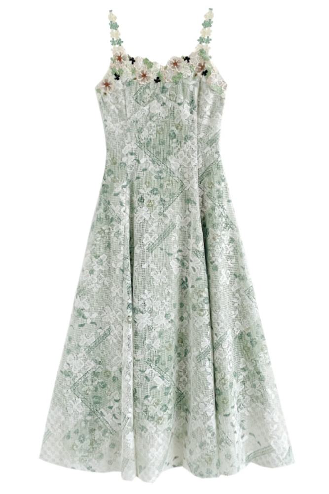 Dynamic Lime Flowers Mesh Green Dress Mori Kei Outfits