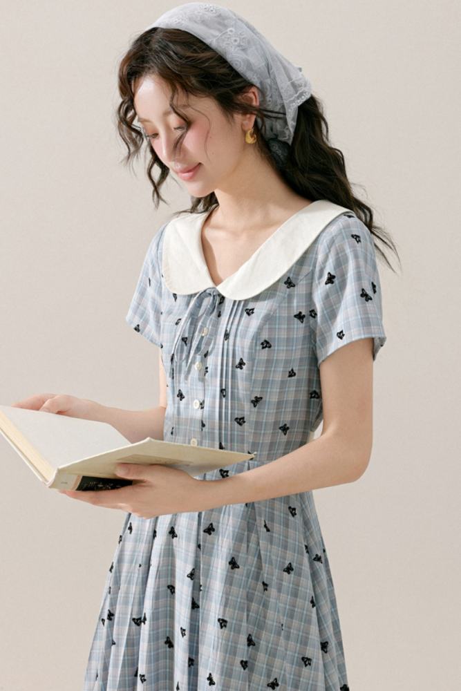 Moonlight Letter Plaid Embroidery Blue Dress Mori Kei Clothing