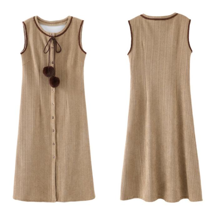 Retro Round Neck Brown Vest Dress Mori Kei Fashion