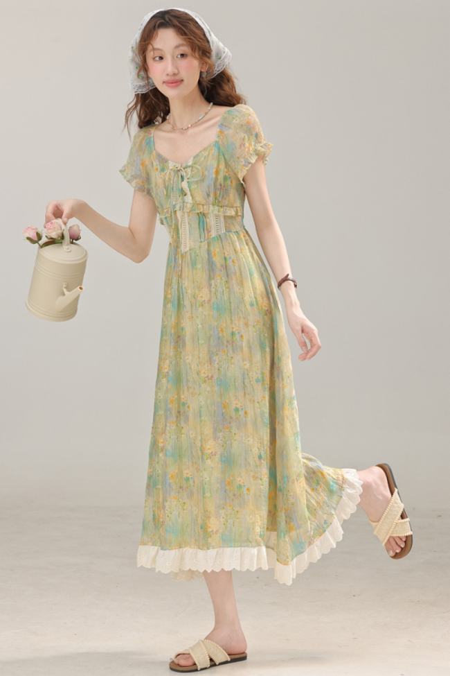 Summer Painting French Print Green Dress Mori Kei Fashion