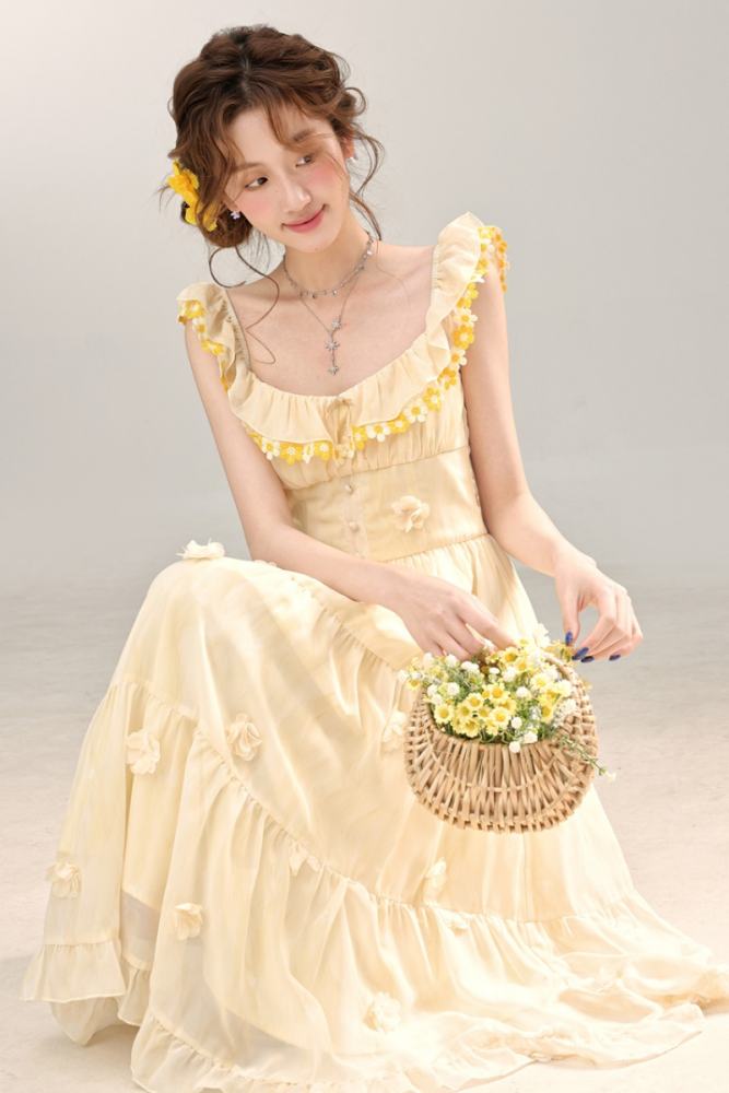French Gentle Sleeveless Yellow Dress Mori Kei Style