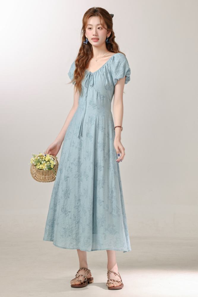 Dreaming French Floral Print Blue Dress Mori Kei Outfits