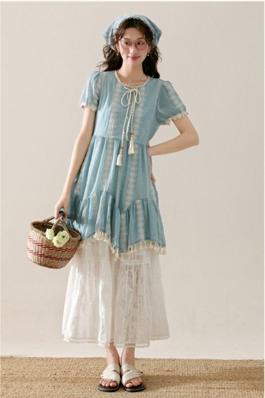 Jasmine Sea Vacation Patchwork Blue Dress Mori Kei Outfits