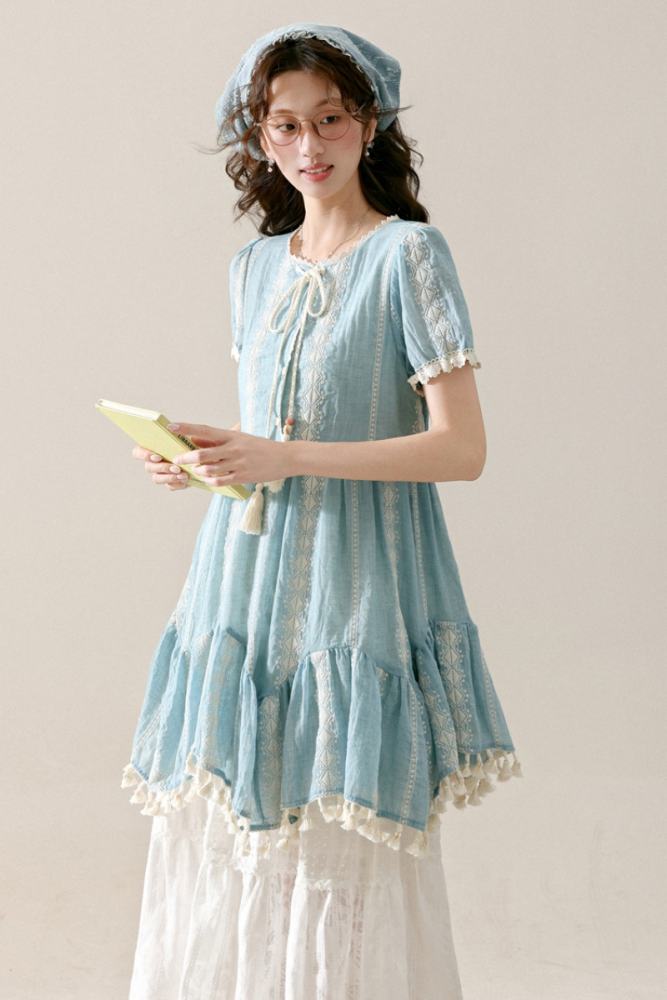 Jasmine Sea Vacation Patchwork Blue Dress Mori Kei Outfits
