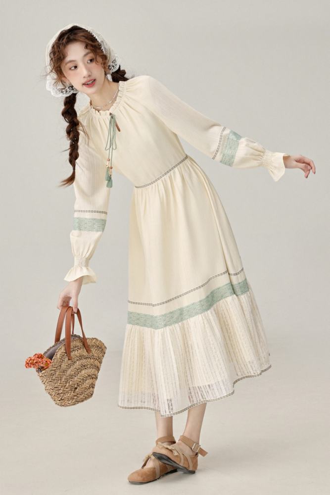 Outing time Patchwork Apricot Dress Mori Kei Clothes