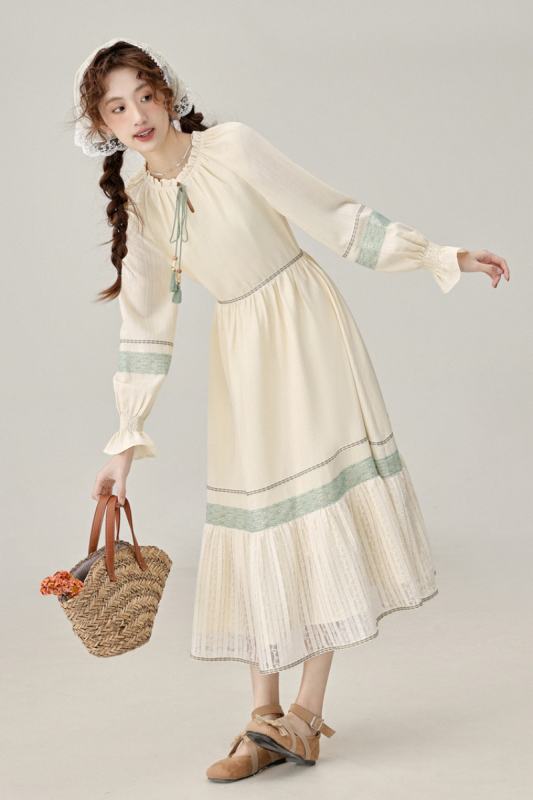 Outing time Patchwork Apricot Dress Mori Kei Clothes