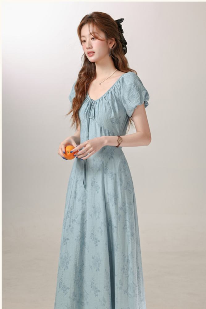 Dreaming French Floral Print Blue Dress Mori Kei Outfits