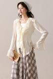 Wind Lotus Ruffled Apricot Blouse Plaid Skirt Mori Kei Fashion