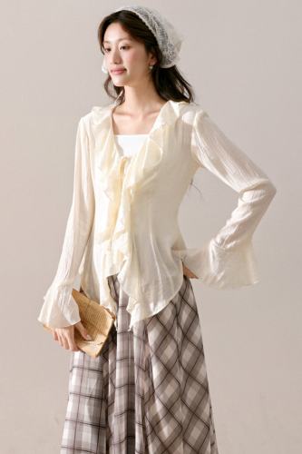 Wind Lotus Ruffled Apricot Blouse Plaid Skirt Mori Kei Fashion