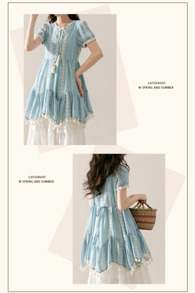 Jasmine Sea Vacation Patchwork Blue Dress Mori Kei Outfits