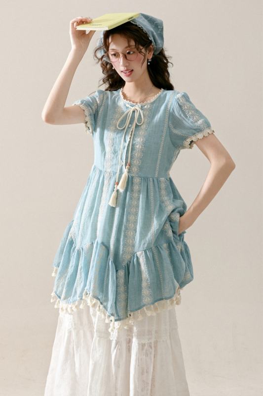 Jasmine Sea Vacation Patchwork Blue Dress Mori Kei Outfits