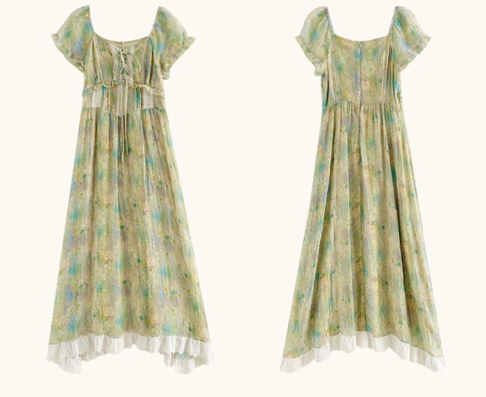 Summer Painting French Print Green Dress Mori Kei Fashion
