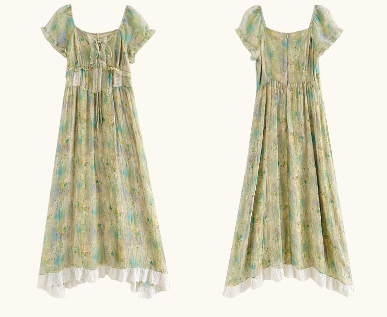 Summer Painting French Print Green Dress Mori Kei Fashion
