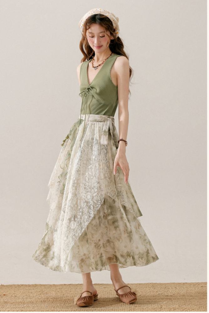 Bamboo Shadow French Vest Green Skirt Mori Kei Clothing