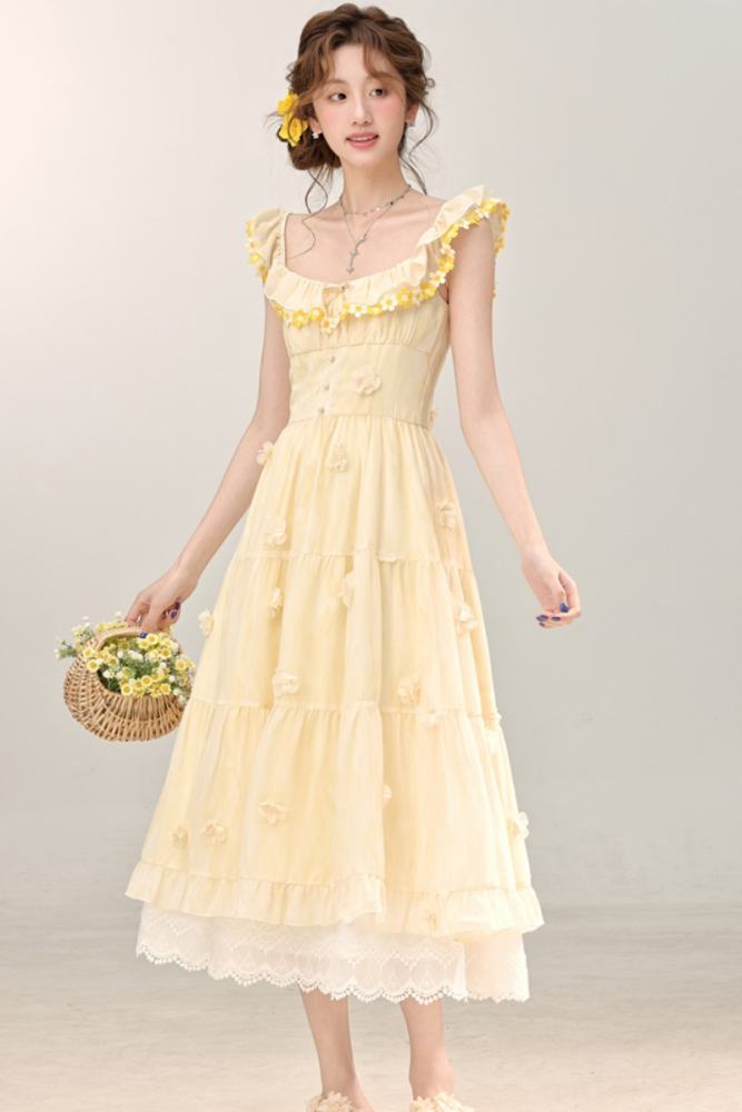 French Gentle Sleeveless Yellow Dress Mori Kei Style