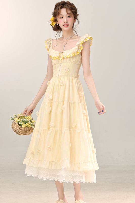 French Gentle Sleeveless Yellow Dress Mori Kei Style
