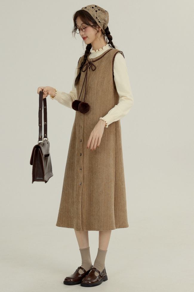 Retro Round Neck Brown Vest Dress Mori Kei Fashion