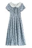 Moonlight Letter Plaid Embroidery Blue Dress Mori Kei Clothing