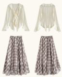 Wind Lotus Ruffled Apricot Blouse Plaid Skirt Mori Kei Fashion