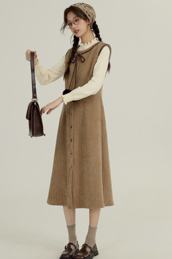 Retro Round Neck Brown Vest Dress Mori Kei Fashion