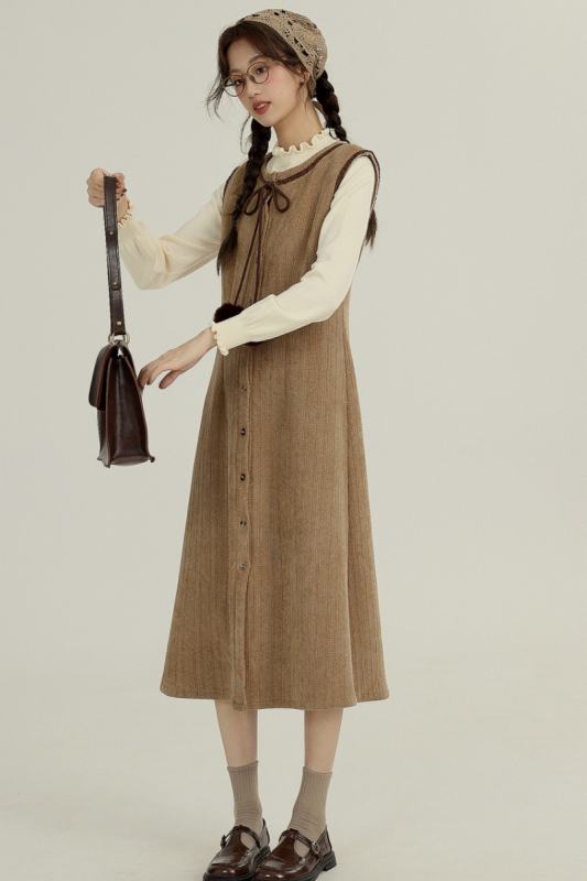Retro Round Neck Brown Vest Dress Mori Kei Fashion