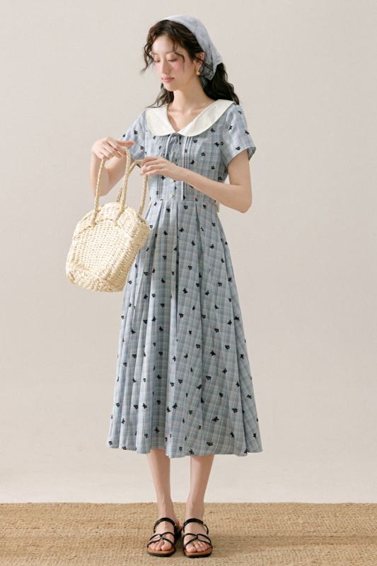 Moonlight Letter Plaid Embroidery Blue Dress Mori Kei Clothing