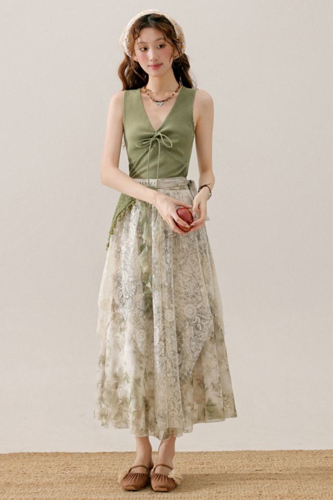 Bamboo Shadow French Vest Green Skirt Mori Kei Clothing