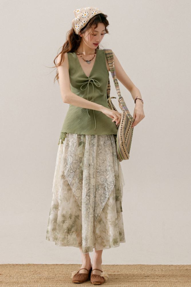Bamboo Shadow French Vest Green Skirt Mori Kei Clothing