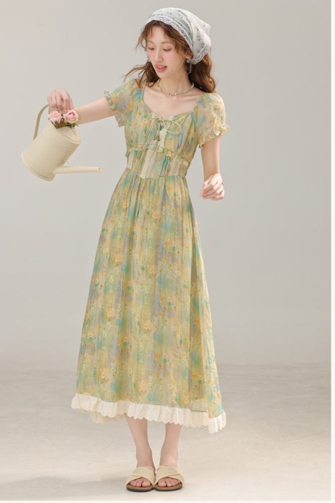 Summer Painting French Print Green Dress Mori Kei Fashion