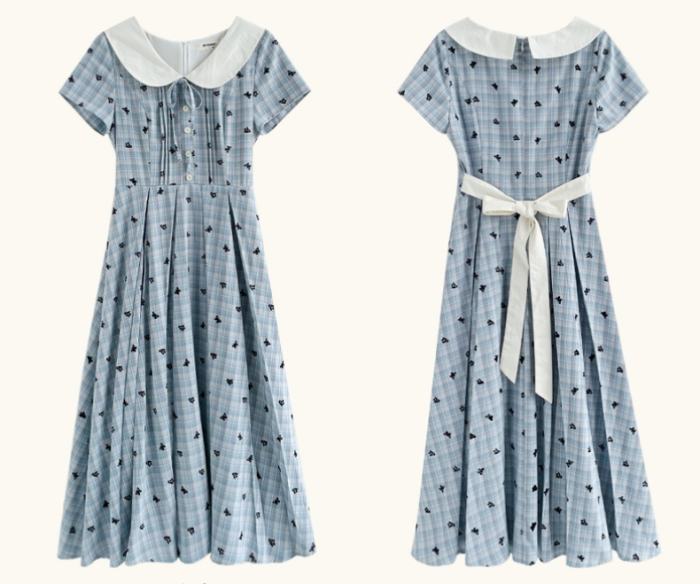 Moonlight Letter Plaid Embroidery Blue Dress Mori Kei Clothing