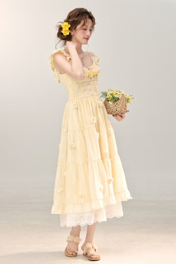 French Gentle Sleeveless Yellow Dress Mori Kei Style