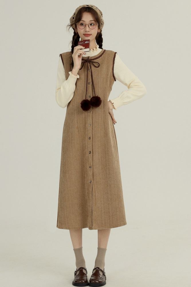 Retro Round Neck Brown Vest Dress Mori Kei Fashion
