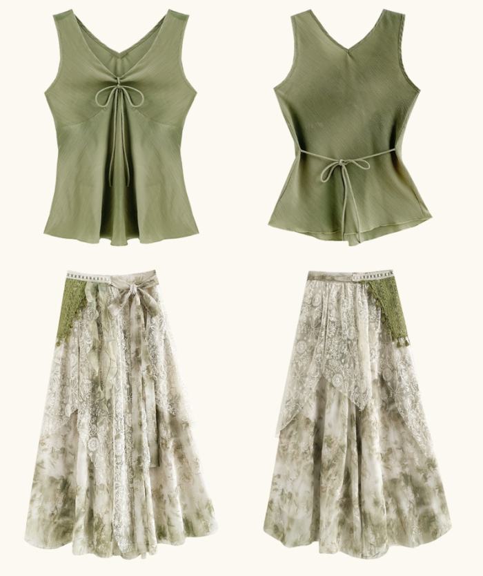 Bamboo Shadow French Vest Green Skirt Mori Kei Clothing