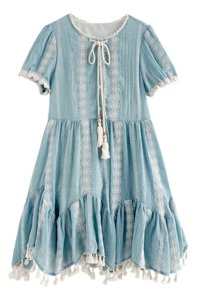 Jasmine Sea Vacation Patchwork Blue Dress Mori Kei Outfits