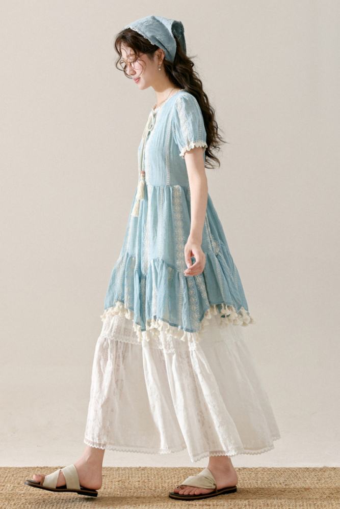 Jasmine Sea Vacation Patchwork Blue Dress Mori Kei Outfits