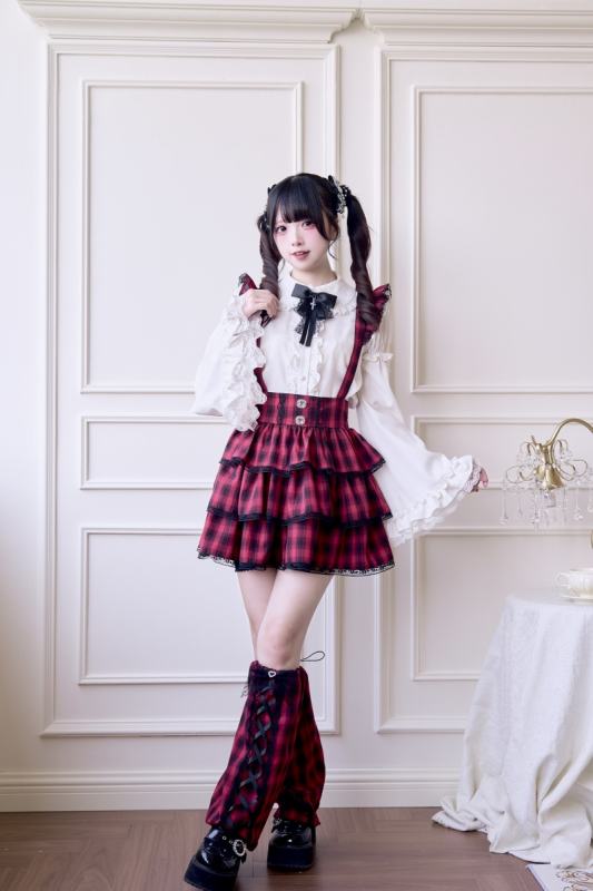 NoGenki Plaid Lace Trims Red Skirt Jirai Kei Fashion