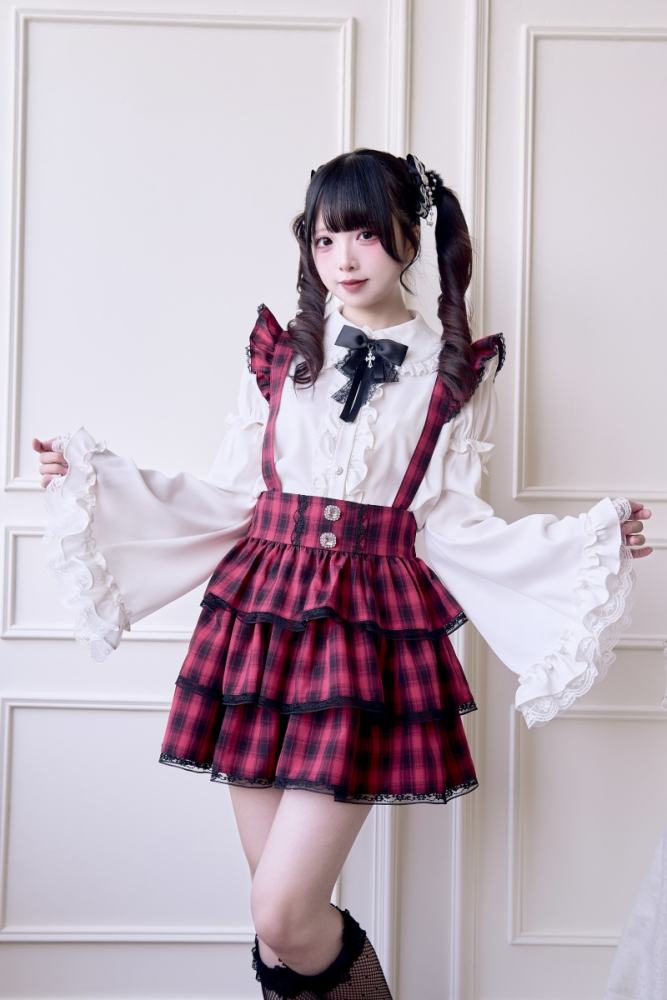 NoGenki Plaid Lace Trims Red Skirt Jirai Kei Fashion