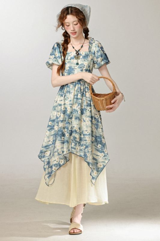 The Stream Halo Dying Patchwork Blue Dress Mori Kei Style
