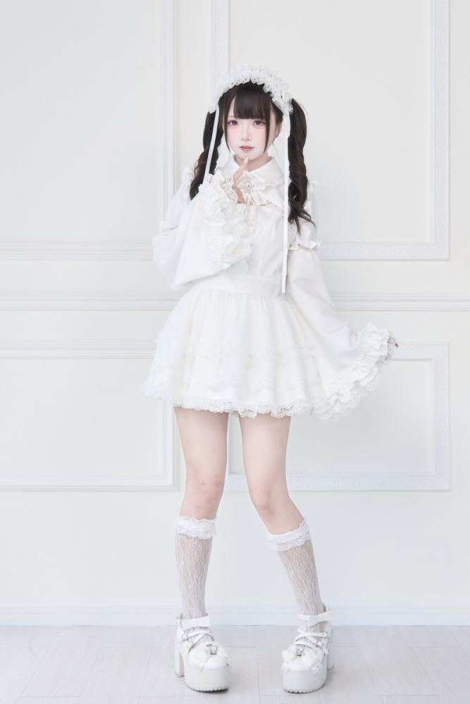 NoGenki Japanese Ruffled Lace Dress White Set Jirai Kei Clothing
